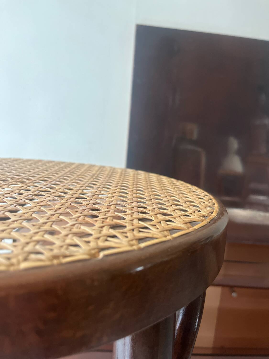 High bistro stool in turned wood and new cane, 1950