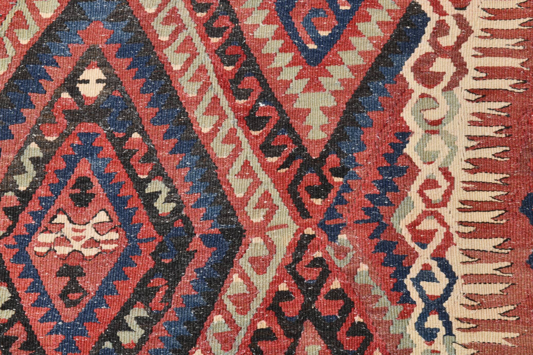 Kilim Ancien Fait Main en Laine Rouge et Bleu,Tapis Plat Vintage,165x231 Cm