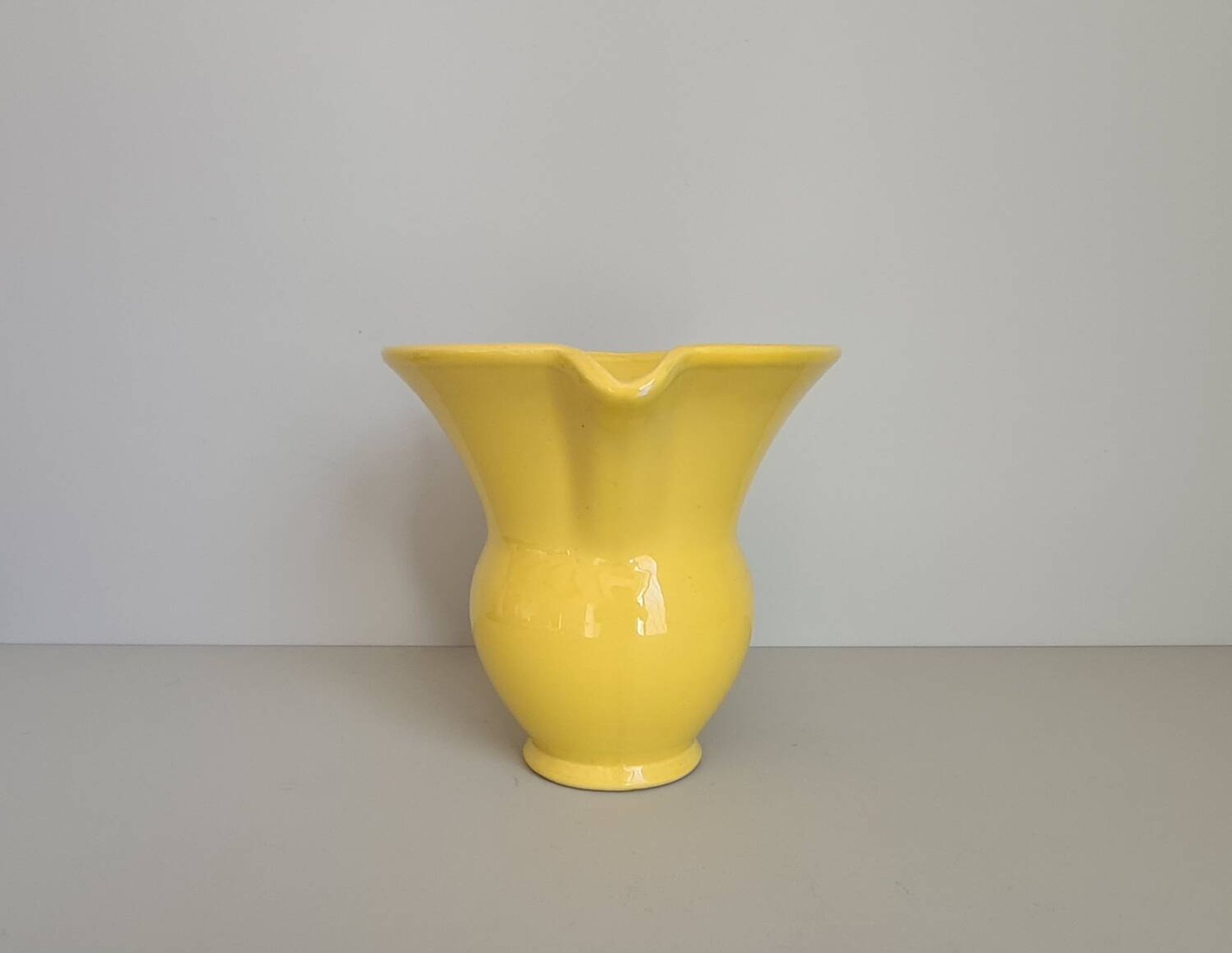 Modernist yellow ceramic pitcher / handmade / vintage / France / 1960s / mid-century / 20th century