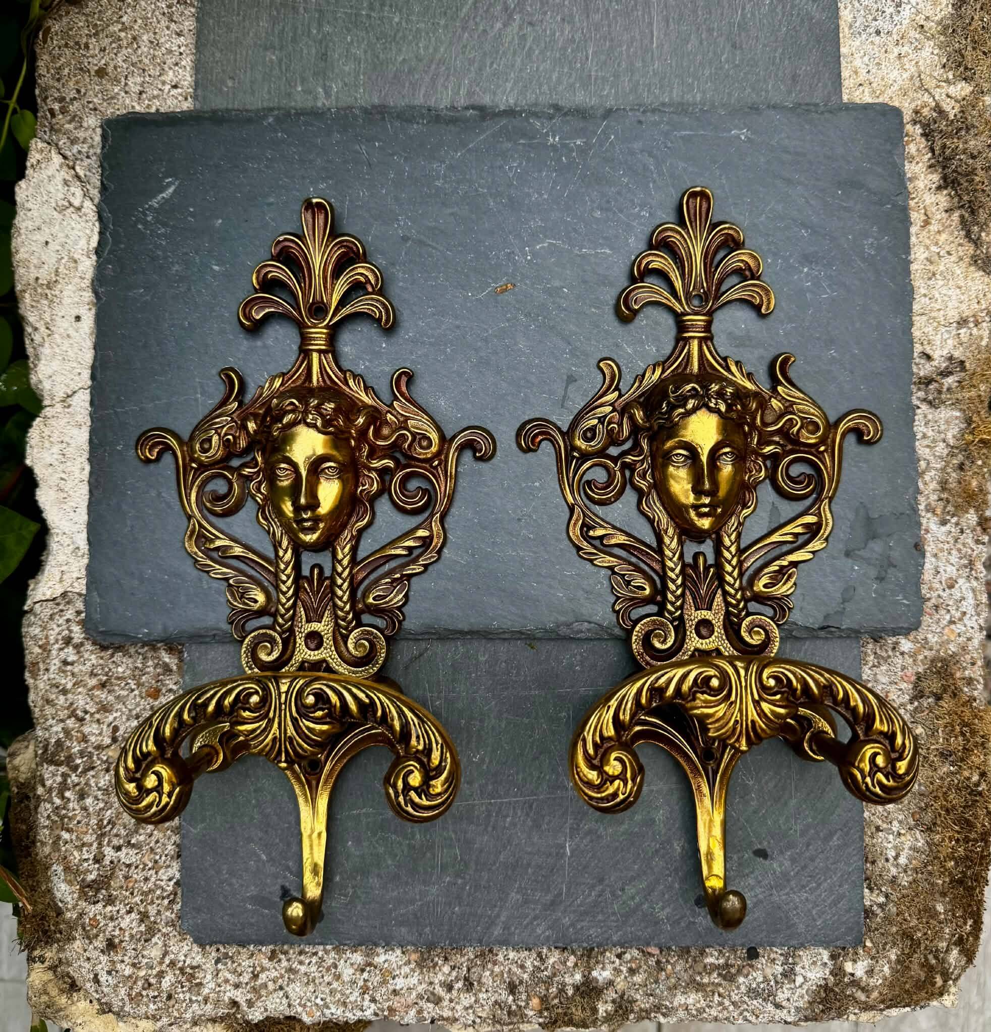 2 solid brass caryatid coat hooks Art Nouveau Jugendstil