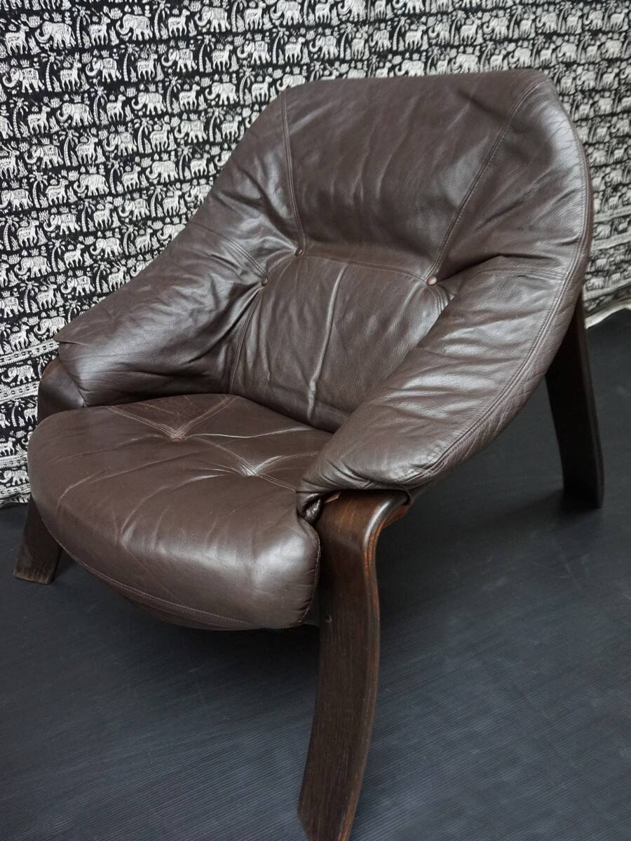 Brutalist brown Leather low Lounge Chair, Norway 1970s