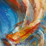 Old Oil On Paper JULIE Boat 89 + Grey Aluminum Frame