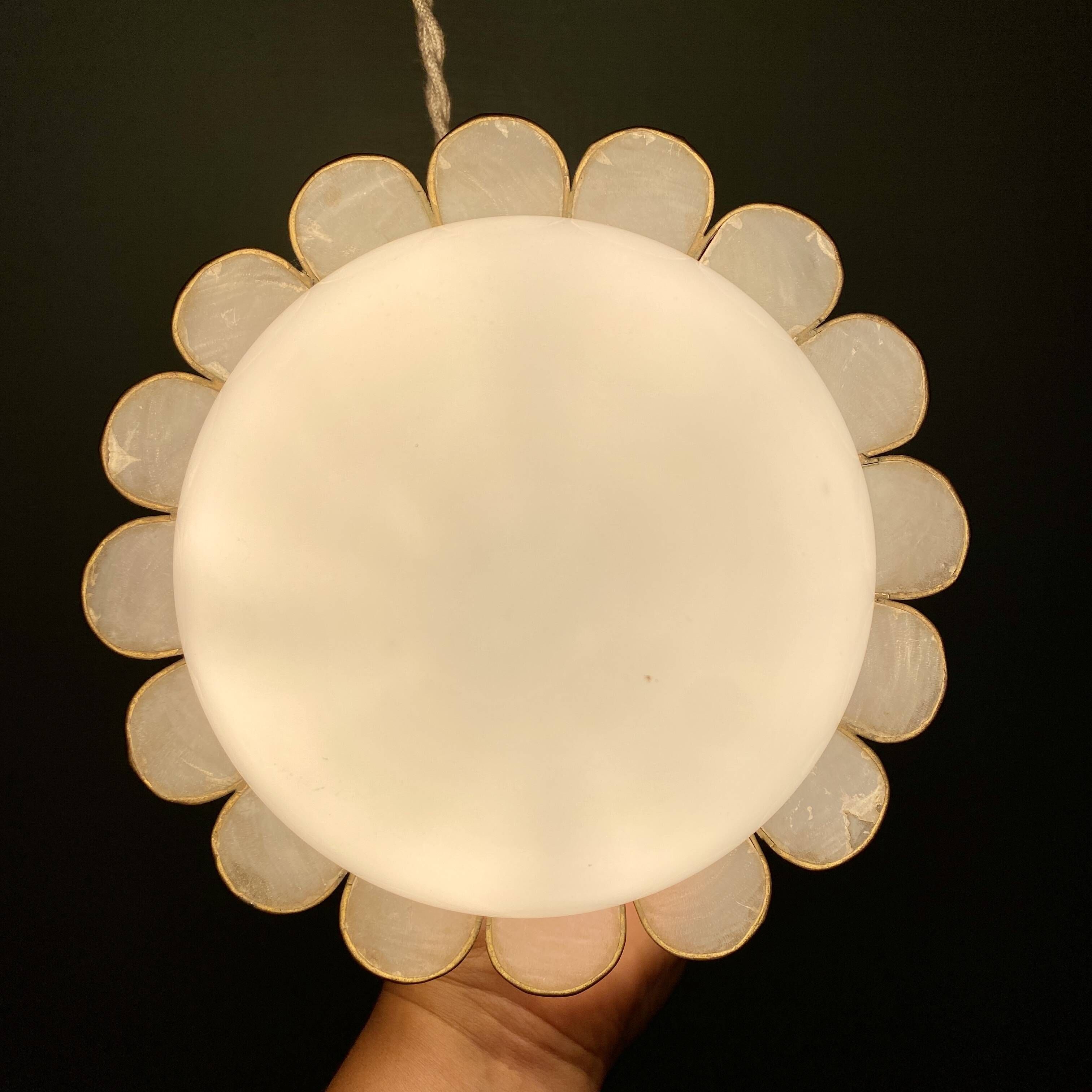 Globe pendant light and vintage lampshade in opaline and mother-of-pearl