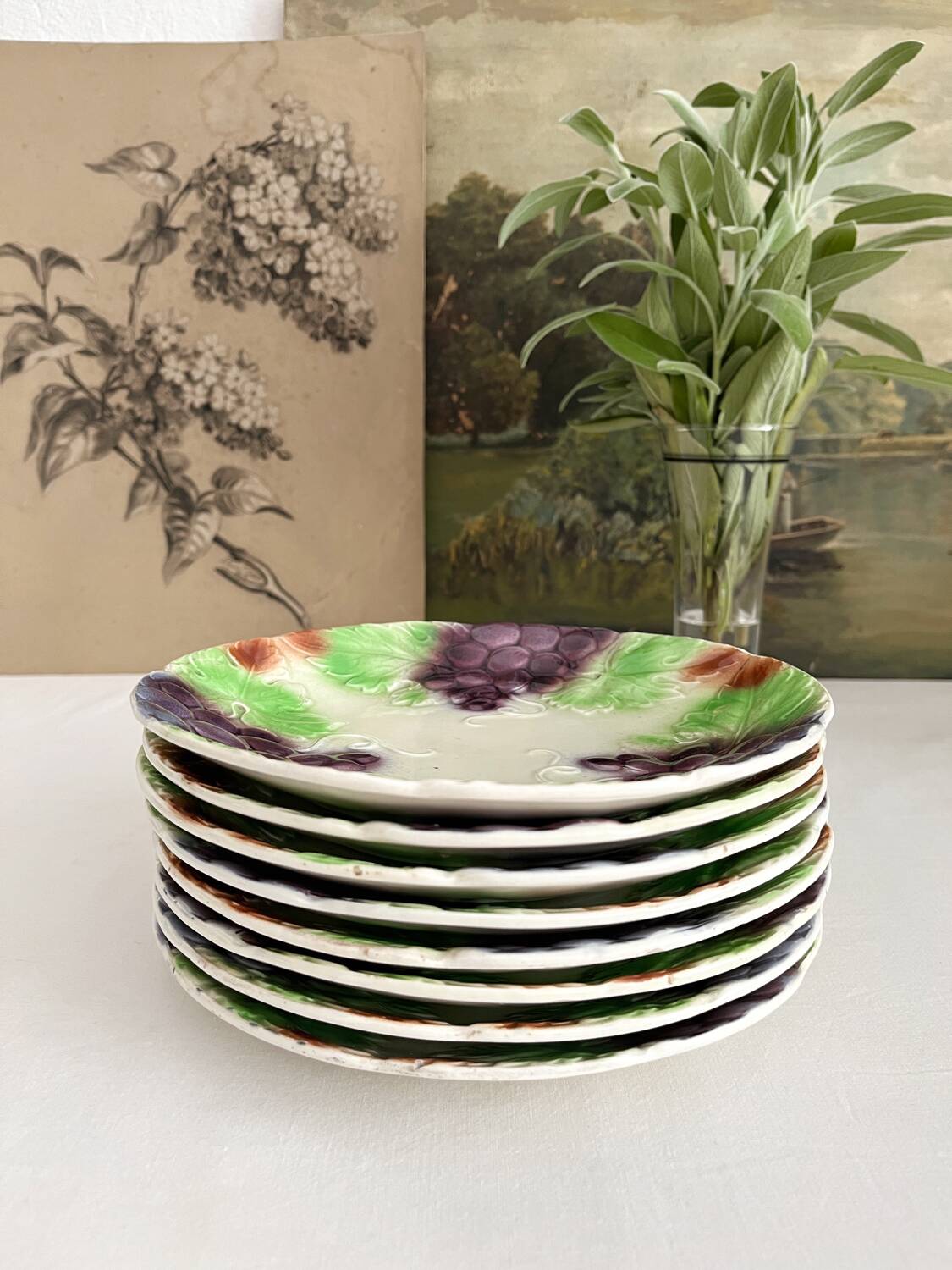 8 antique earthenware dessert plates with grapes