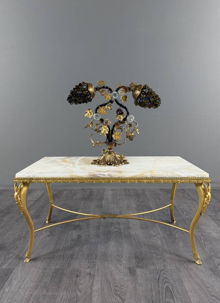 Bronze and polychrome glass lamp, 20th century