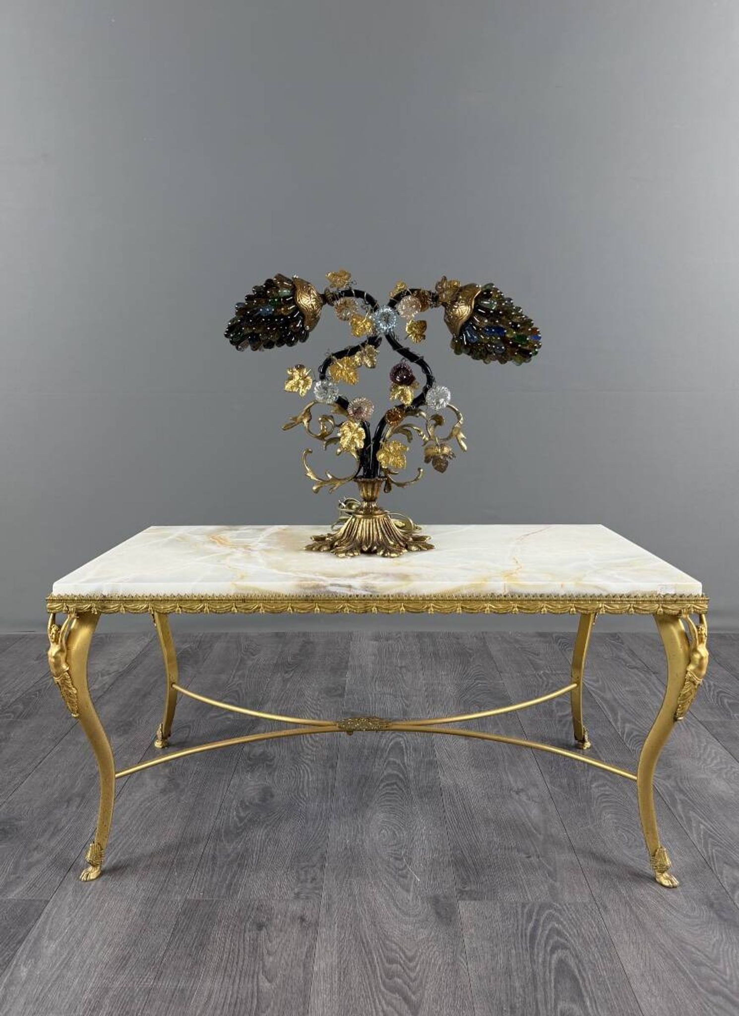 Lampe en bronze et verre polychrome, XXe Siècle