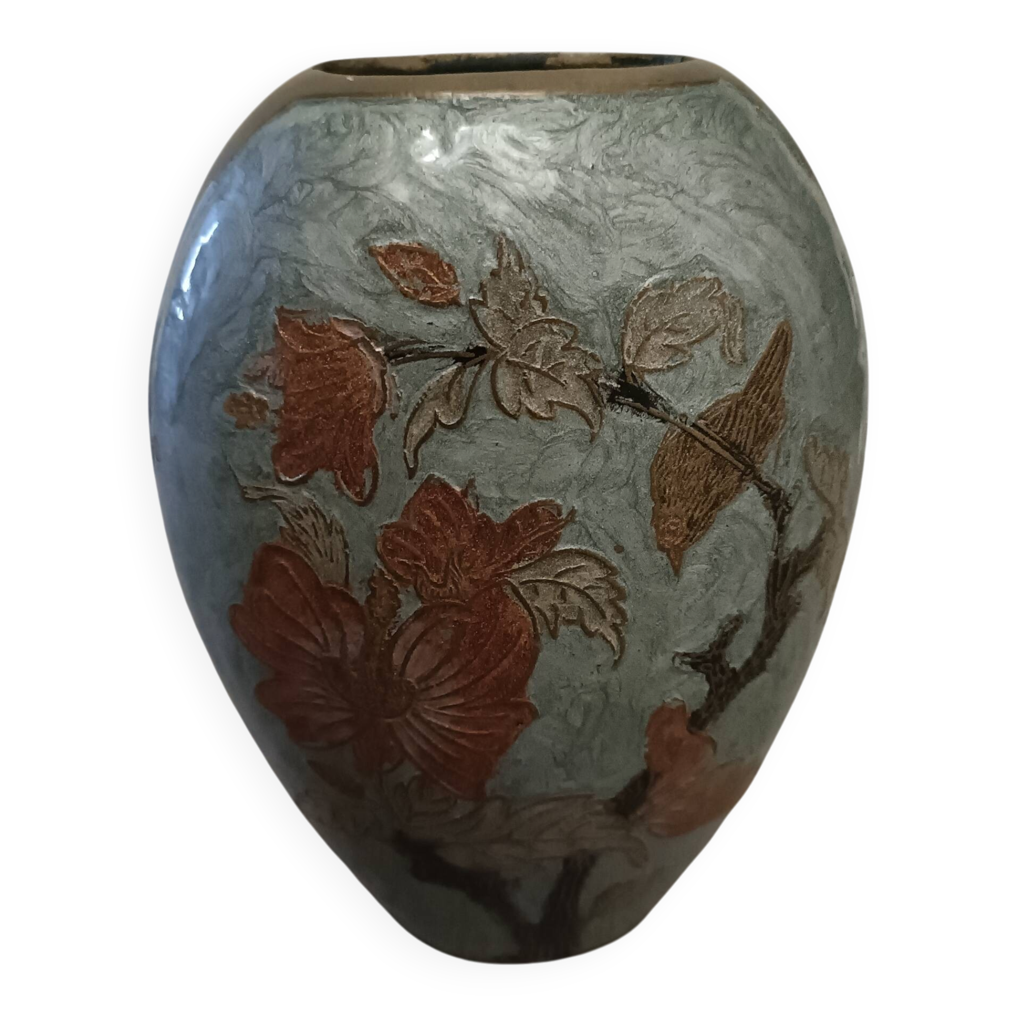 Vase ovale laiton et émail cloisonné