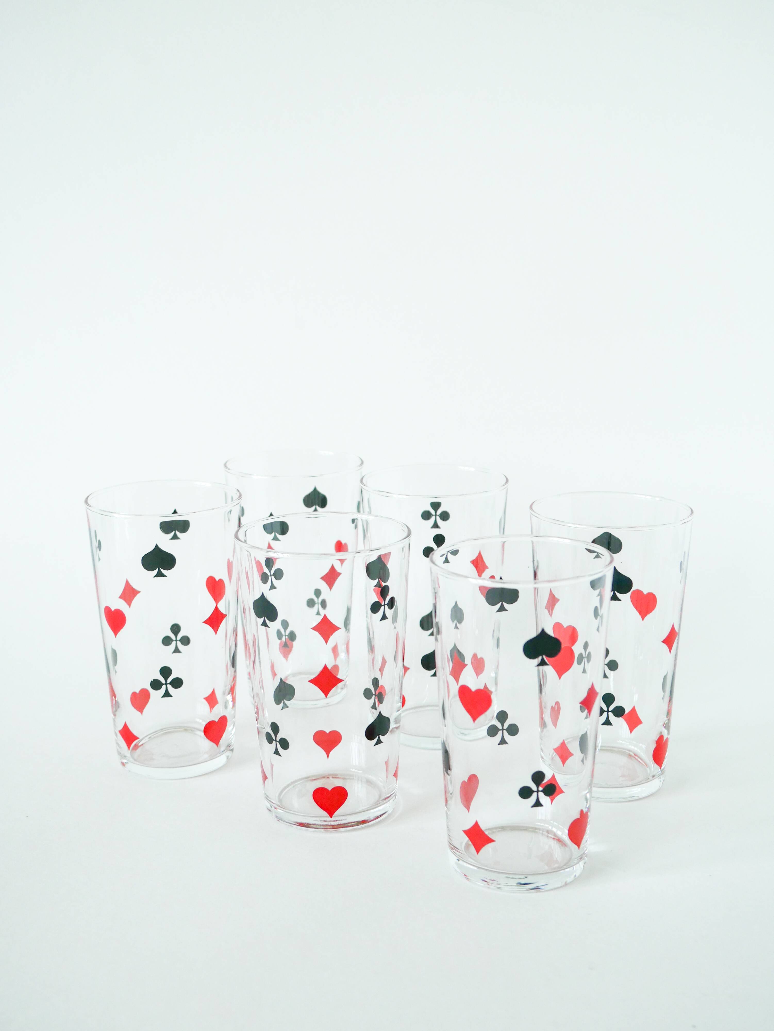 Set of 6 water glasses, Jeu de Cartes motifs, 1970
