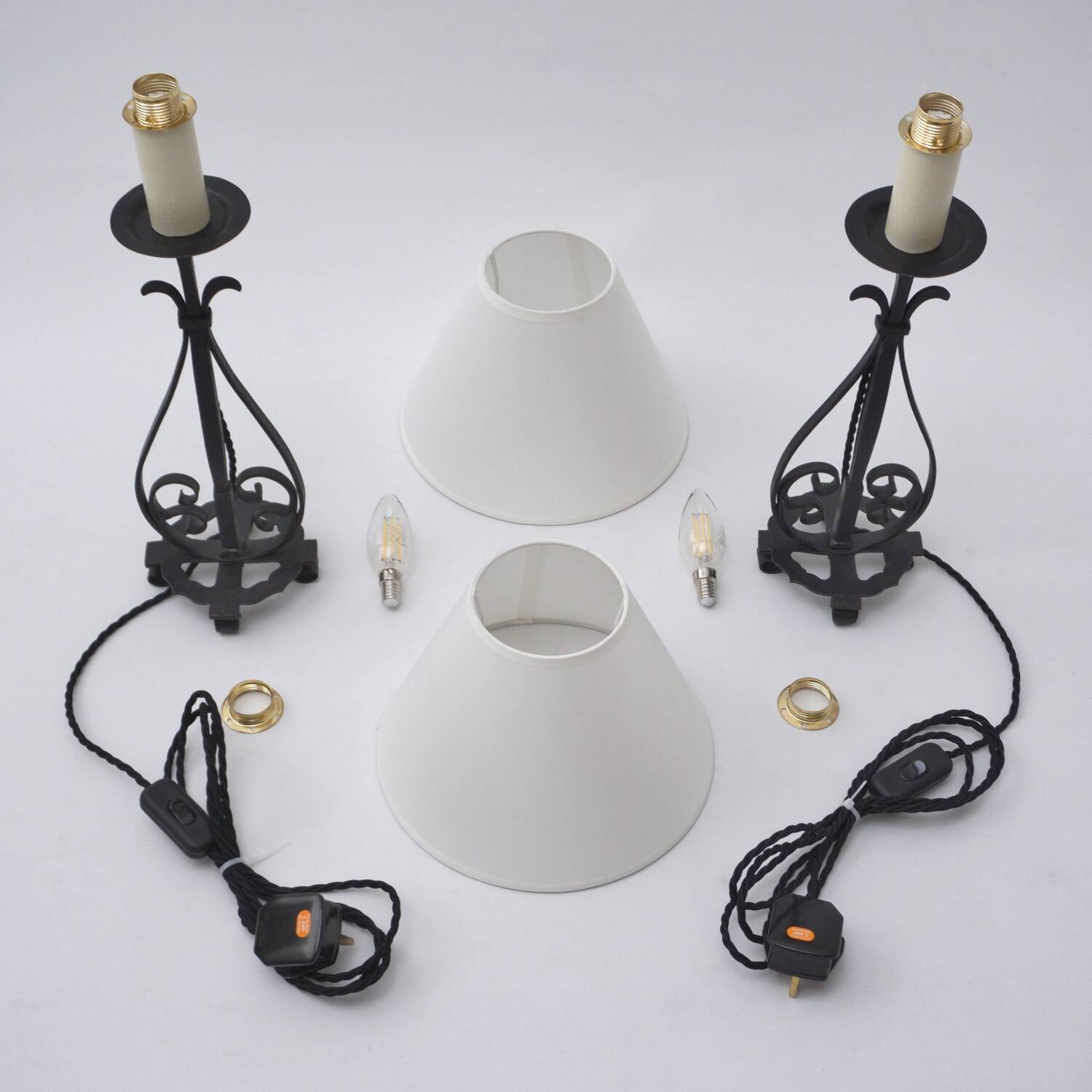 Arts & Crafts pair antique wrought iron table lamps 1920's English, rewired