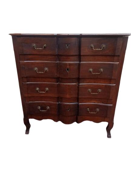 18th century crossbow chest of drawers, stamped