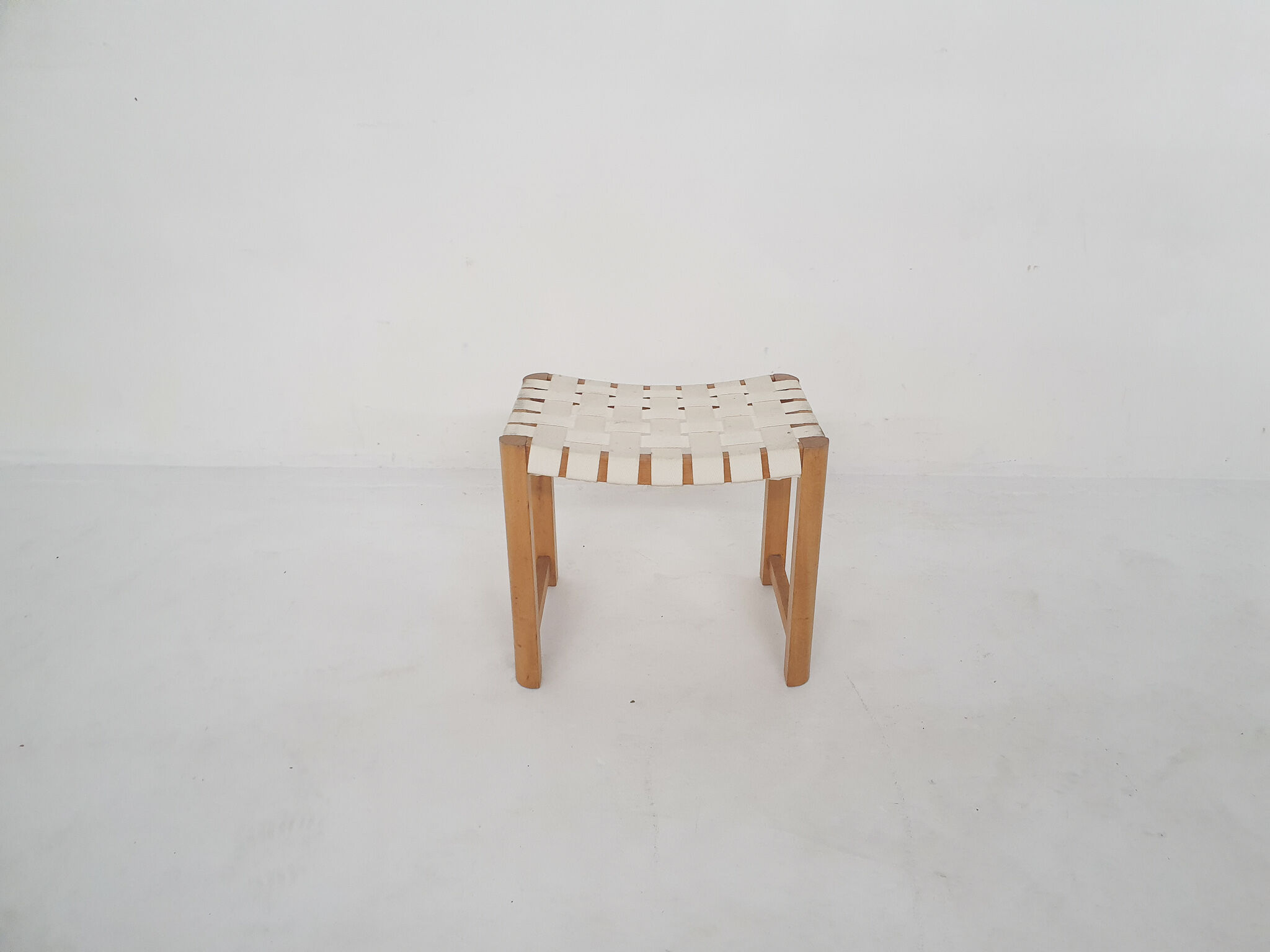 Scandinavian modern wooden stool with white bands, 1970's
