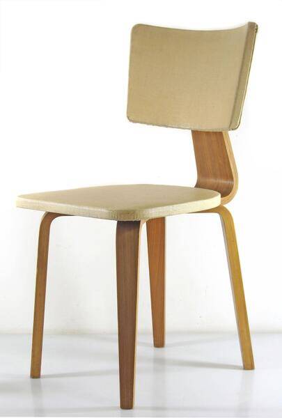 Vintage set of two Cor Alons chairs – bent plywood & blue and cream skai upholstery – 1950s Dutch design
