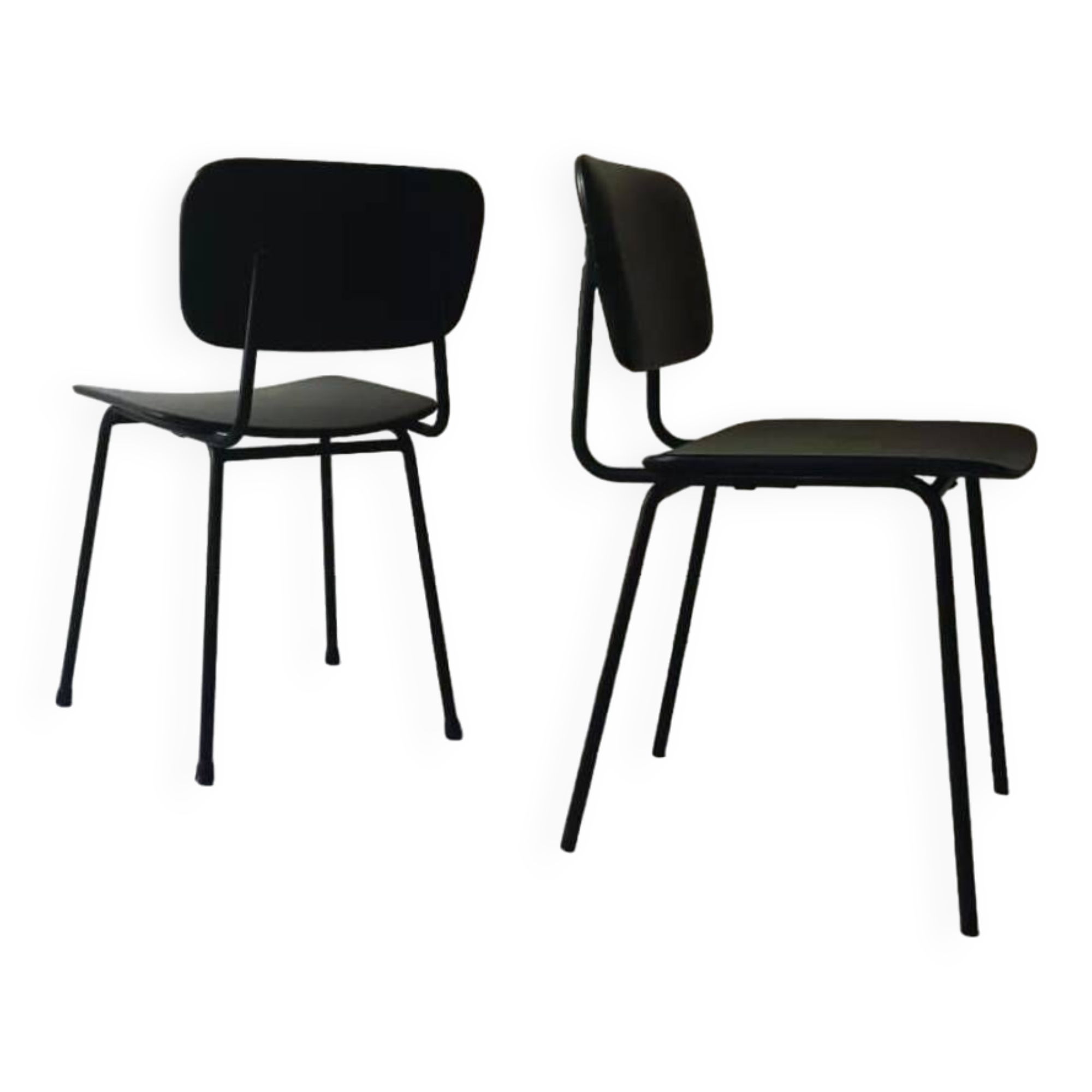 2 airborne chairs in black wired metal and black vegetable leather, design 1970
