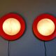Pair of XXL Space Age wall sconces, orange lacquered metal and opaline, 1960.