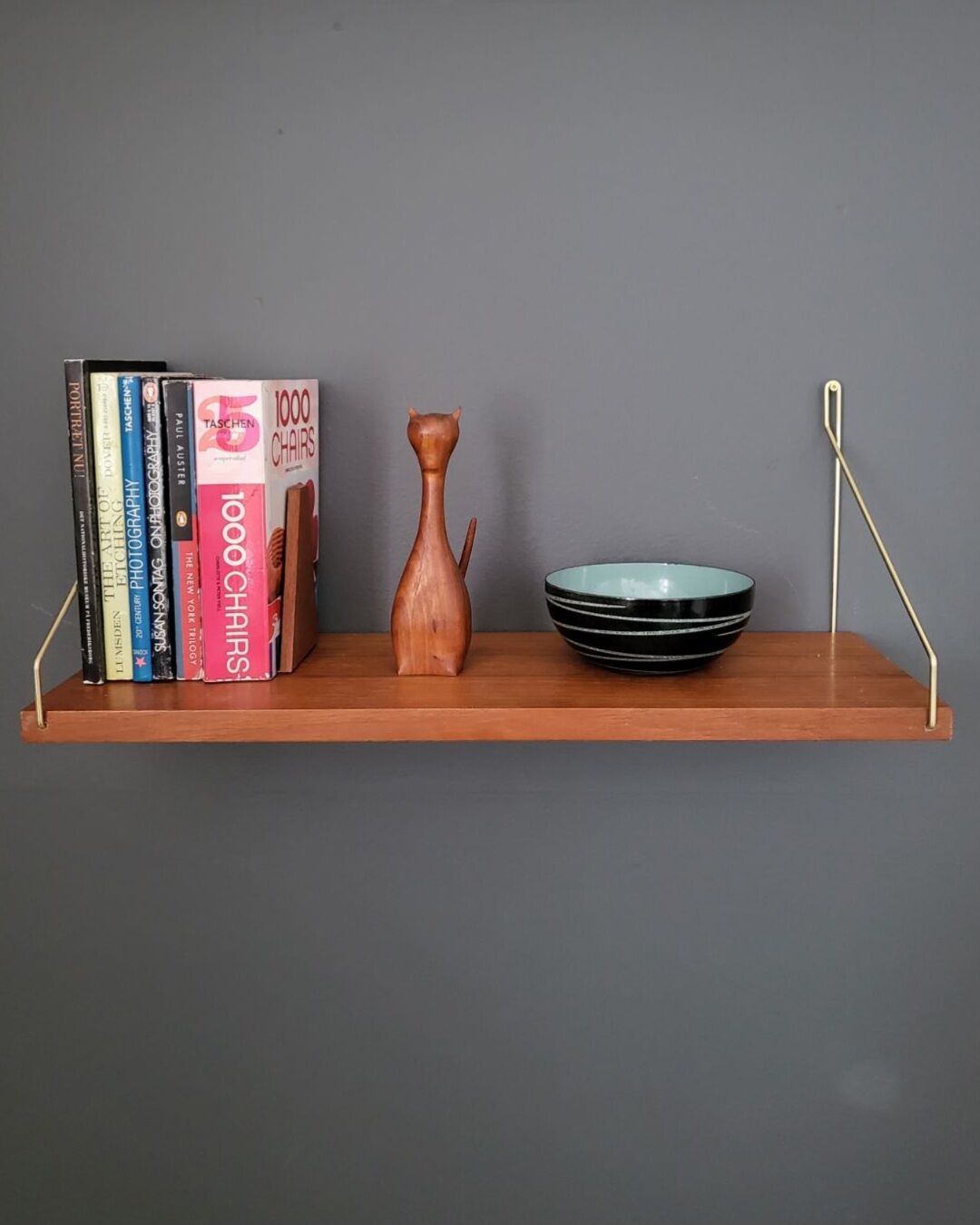 Teak and brass shelf, vintage scandinavian 1960s