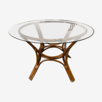 Rattan dining table and vintage smoked glass top