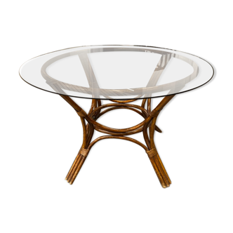 Rattan dining table and vintage smoked glass top