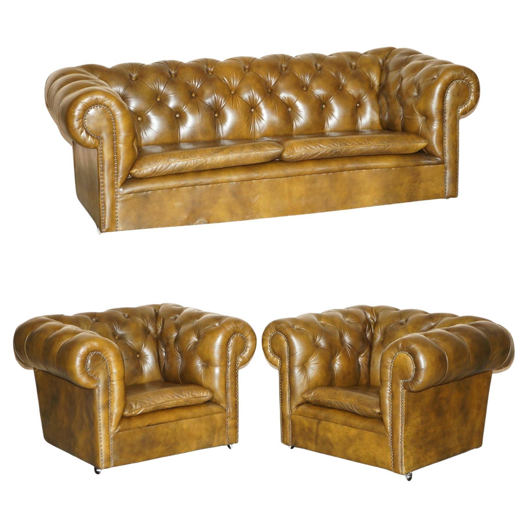 Ensemble vintage Chesterfield salon 3 pièces cuir