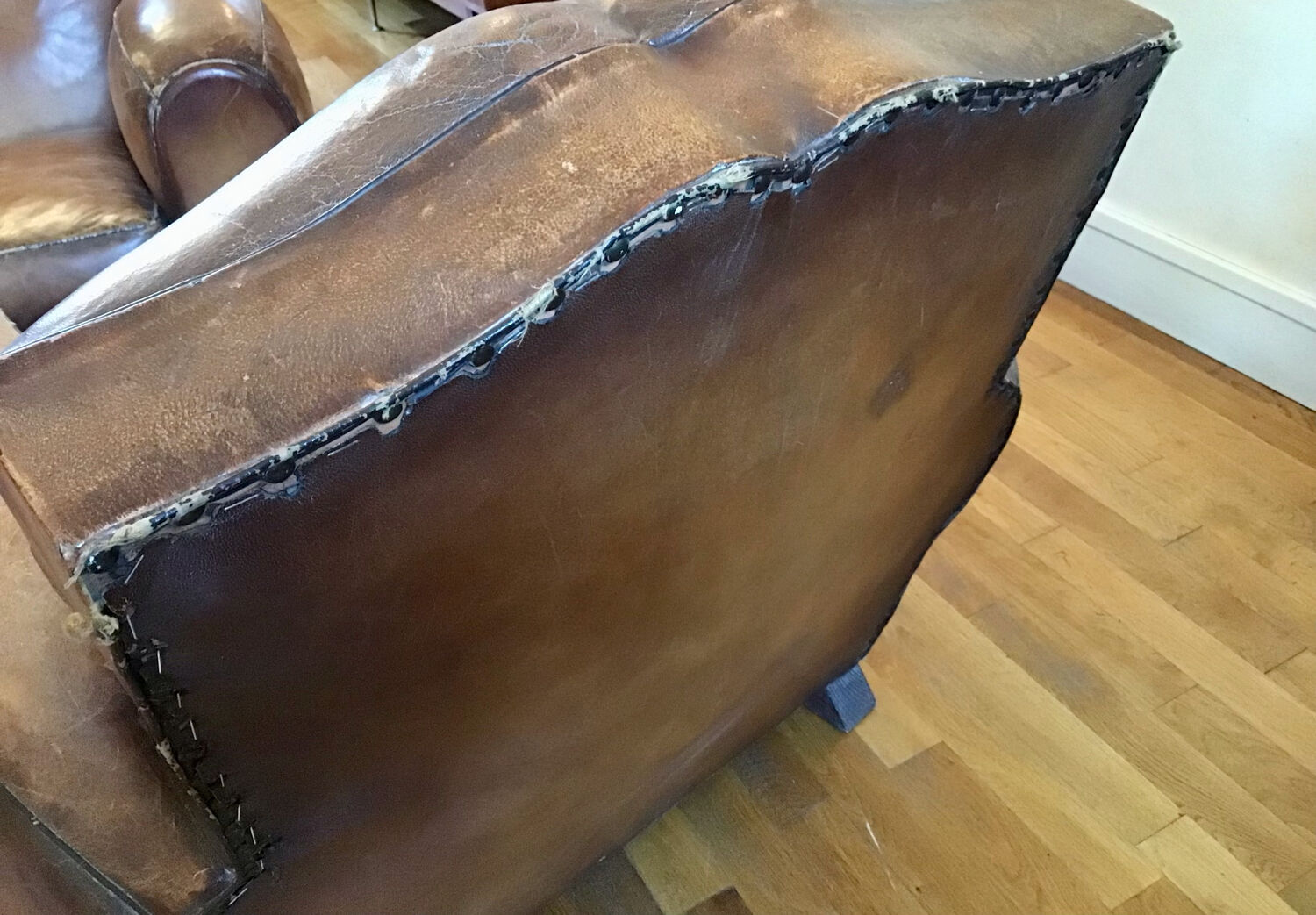 Pair armchairs club leather mustache art deco