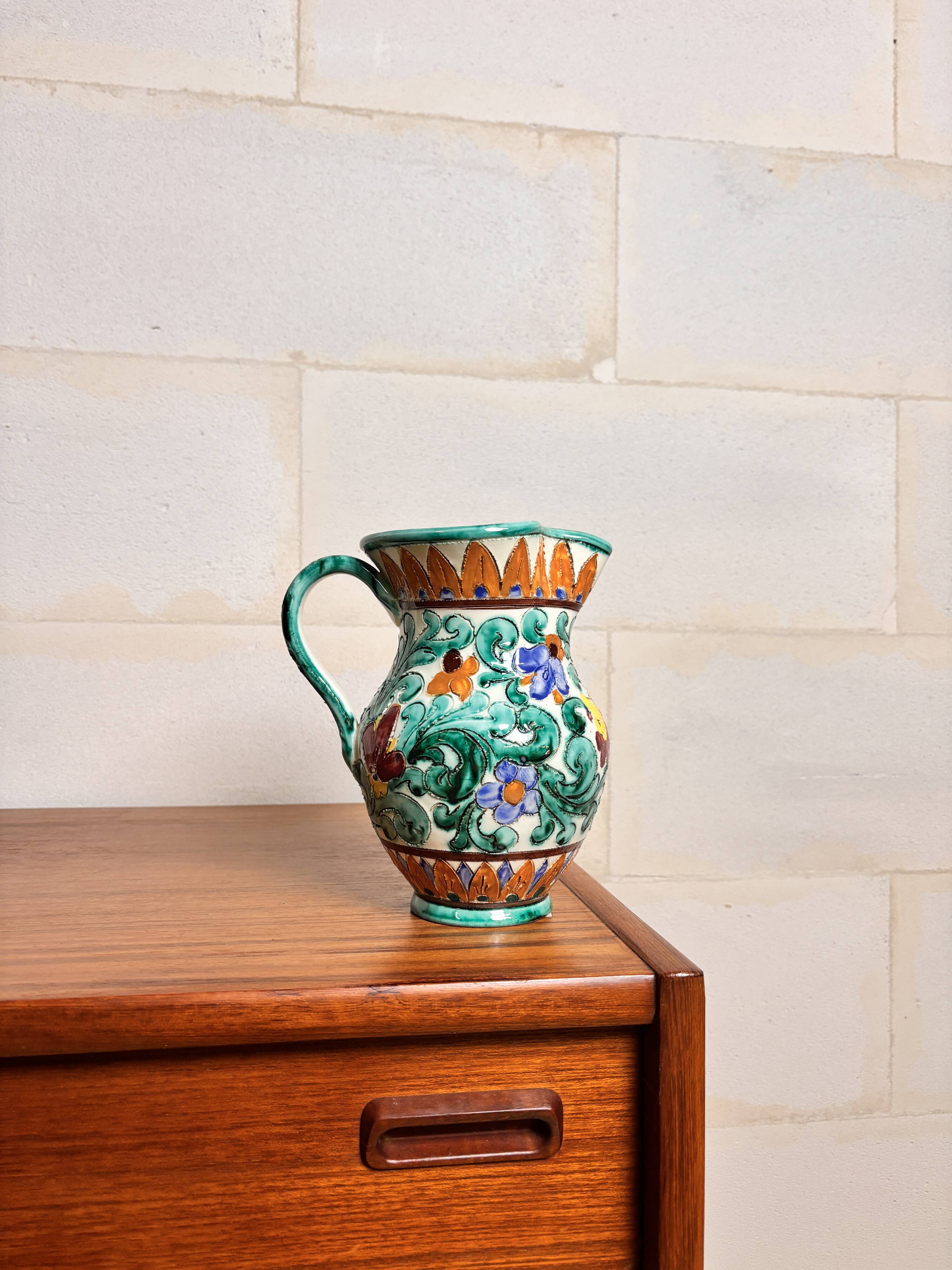 Vase jug with handle – floral decoration, signed Cerart Monaco ⎥1960s