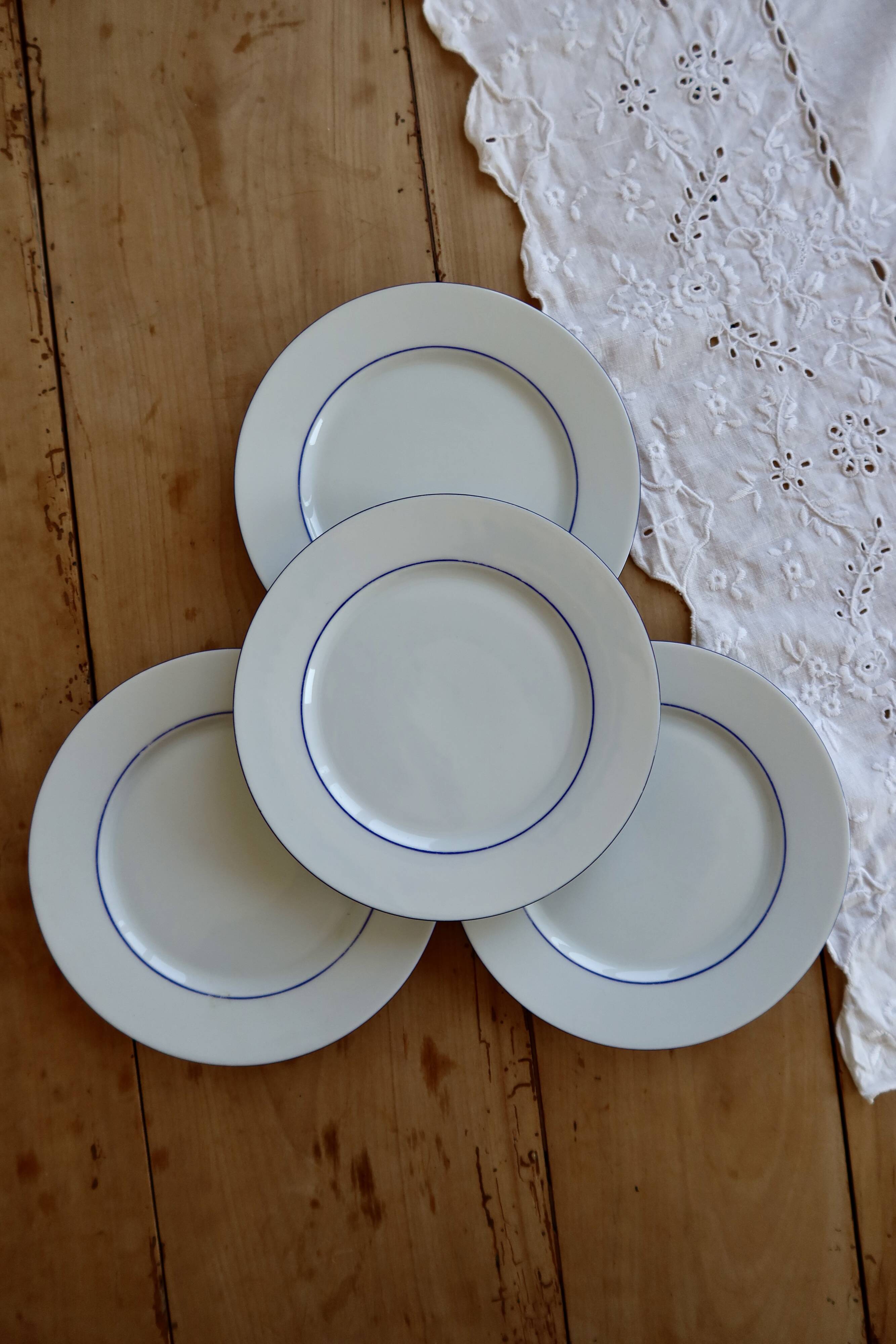 4 vintage dessert plates white porcelain with blue trim