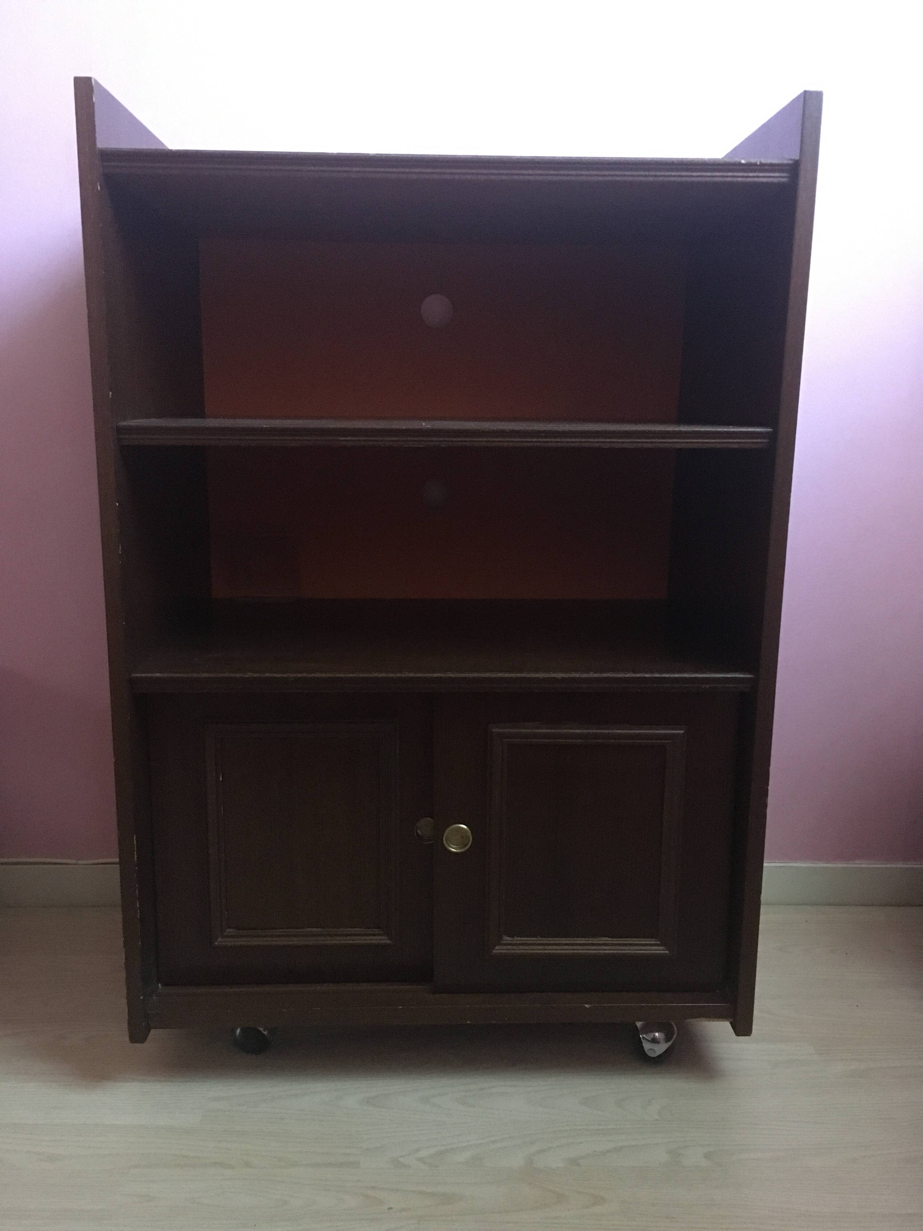 Vintage furniture, bookcase, TV or hi-fi system, sliding door with wheels