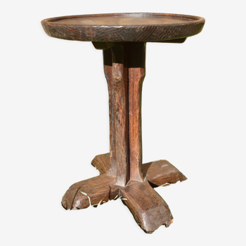 Side table, round wooden pedestal table brutalist style