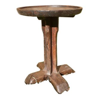 Side table, round wooden pedestal table brutalist style