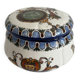 Antique Gien earthenware candy box with Renaissance decor
