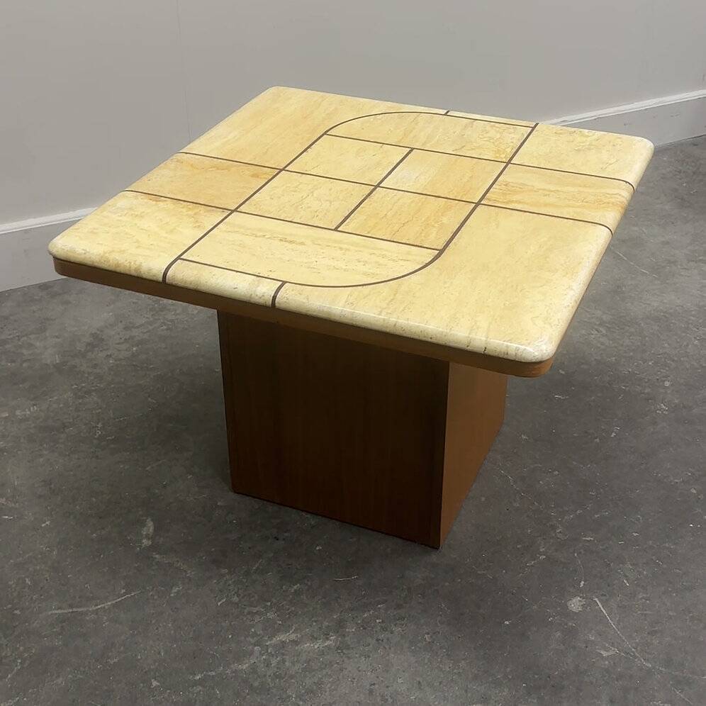 Graphic travertine tile coffee table on oak base, 1970s