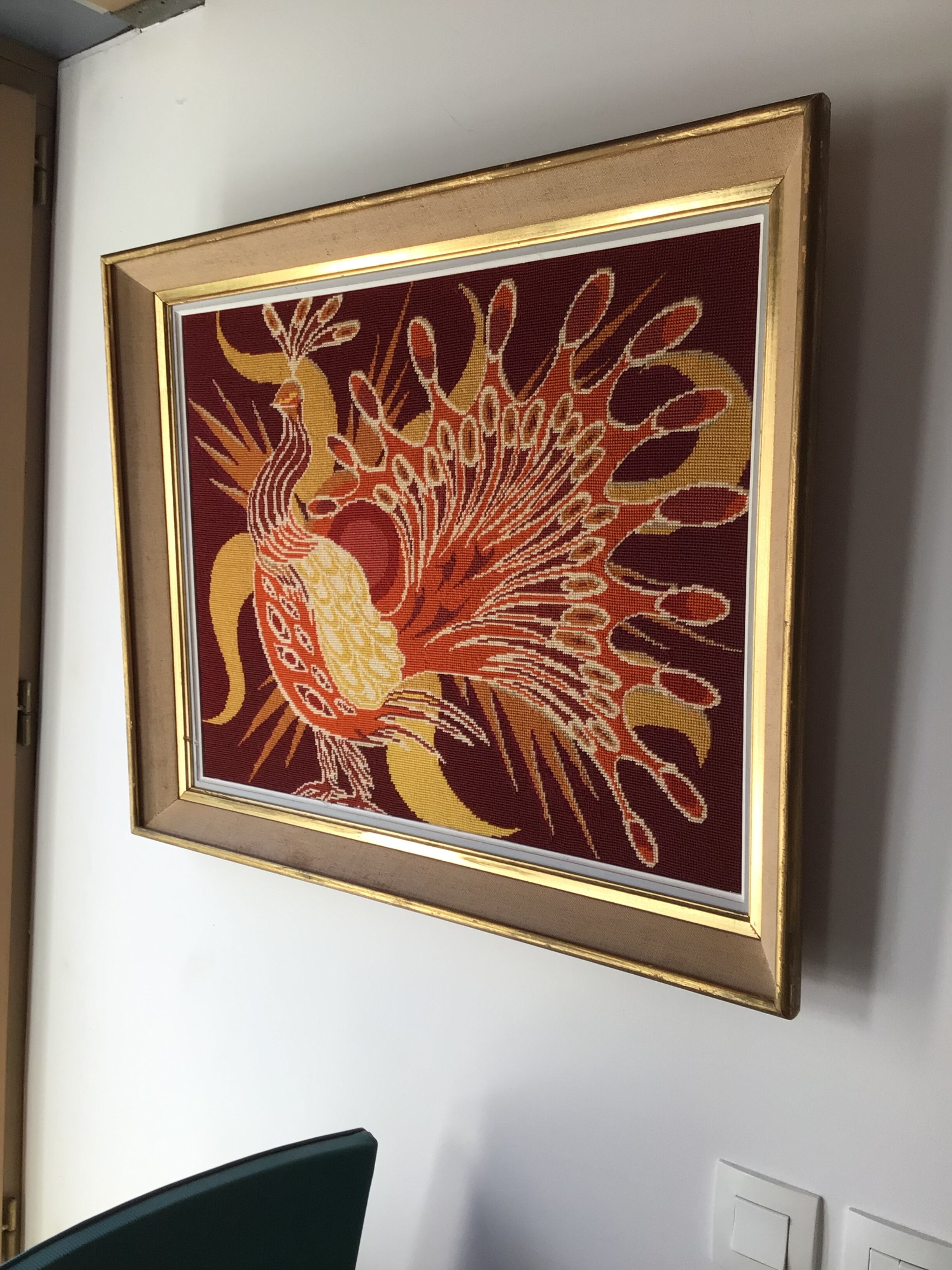 Framed peacock tapestry 75 x 61cm