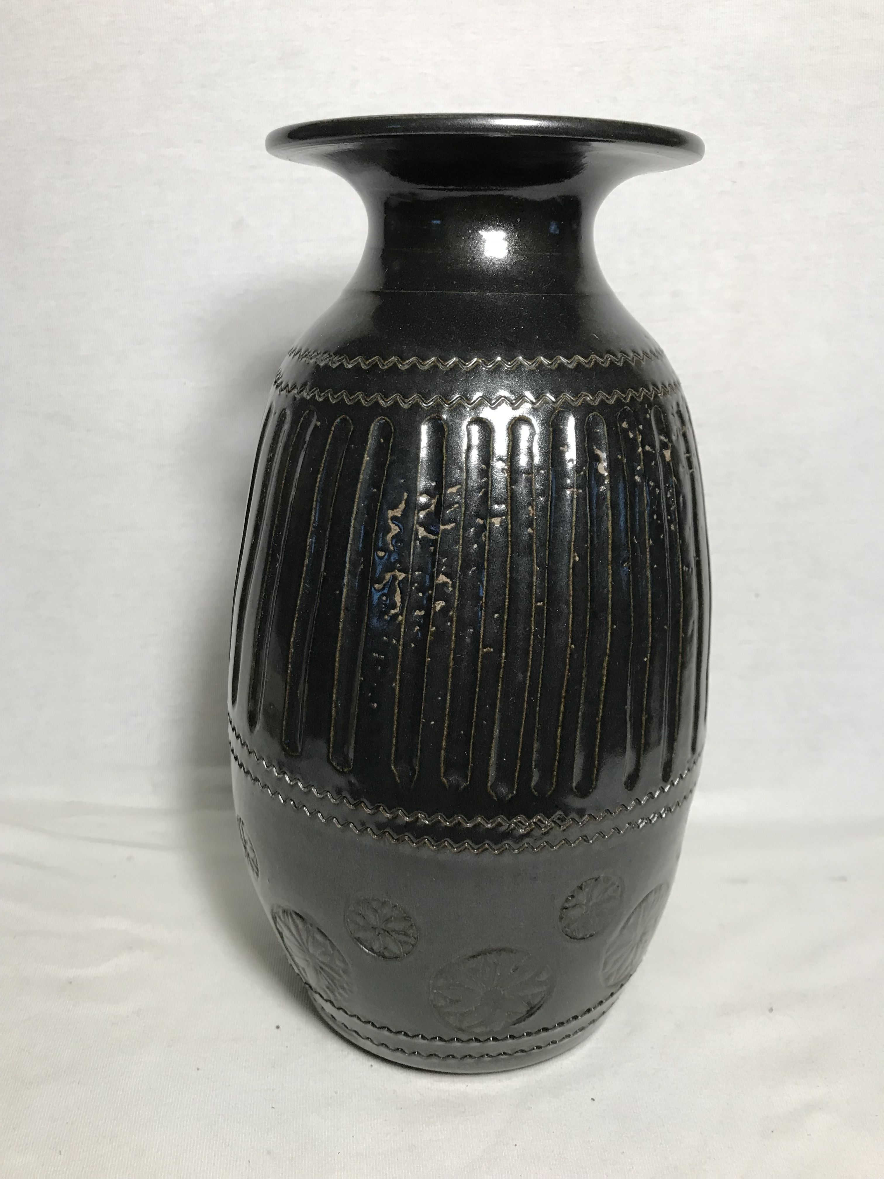 Former Hohwiller carved black stamped & signed 1989 vintage ceramic vase