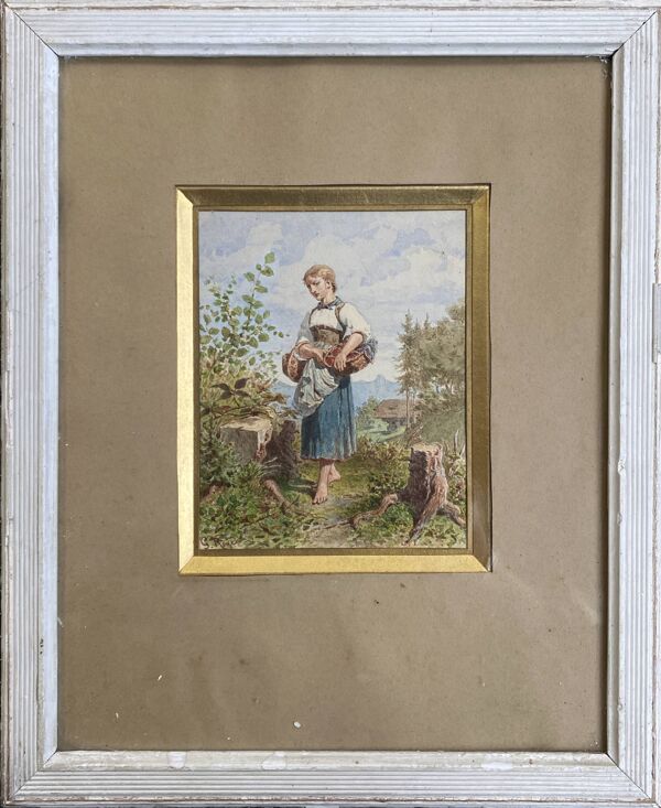Tableau Aquarelle ''Jeune femme au panier'' Gustave Roux (1828-1885)