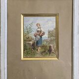 Watercolor Painting "Young Woman with Basket" Gustave Roux (1828-1885)