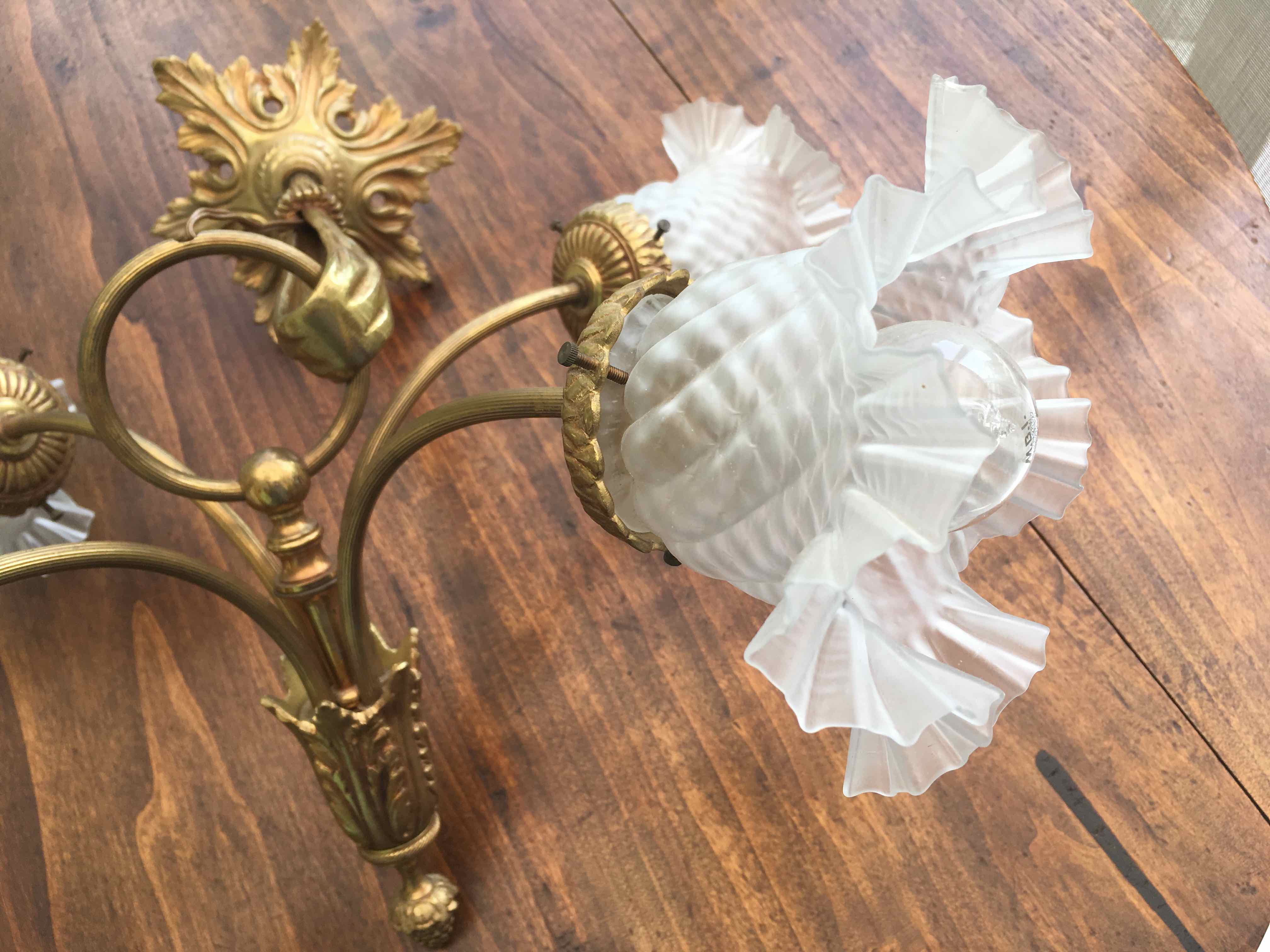 Art nouveau chandelier bronze and pressed glass