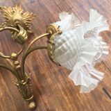 Art nouveau chandelier bronze and pressed glass