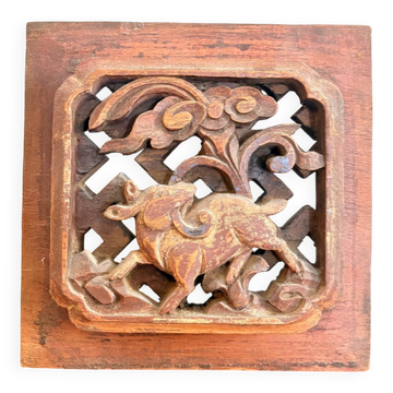 Ancien Panneau Bois Sculpté Décor cerf Qilin Chine Asie Qing République