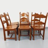 Set of 6 vintage brutalist chairs in oak wood from the 60s