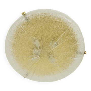 Carl Fagerlund Orrefors textured glass and brass flush mount ceiling light, Sweden, 1950s.