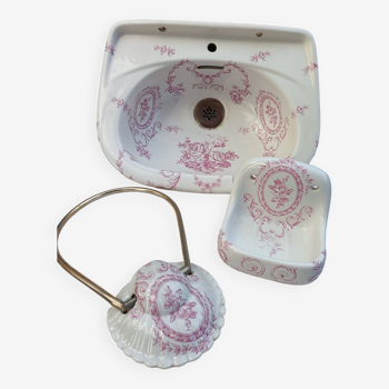 Hand washbasin + soap dish + towel holder set in Paris Porcelain “Jouy”