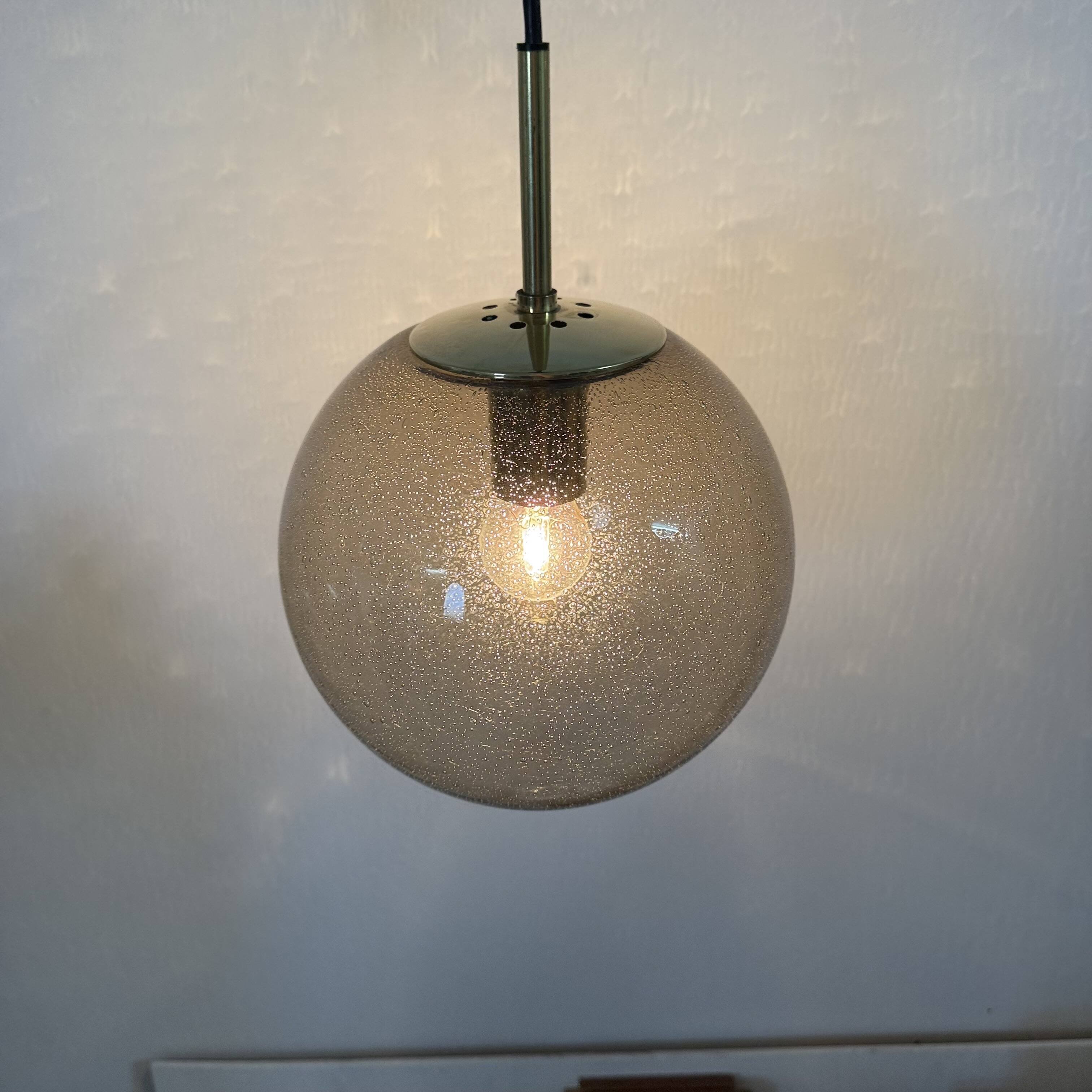 Limburg Glashütte brass smoked glass ball pendant hanging lamp , 1970s