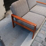 Two-seater Scandinavian sofa made of teak and 60s fabric