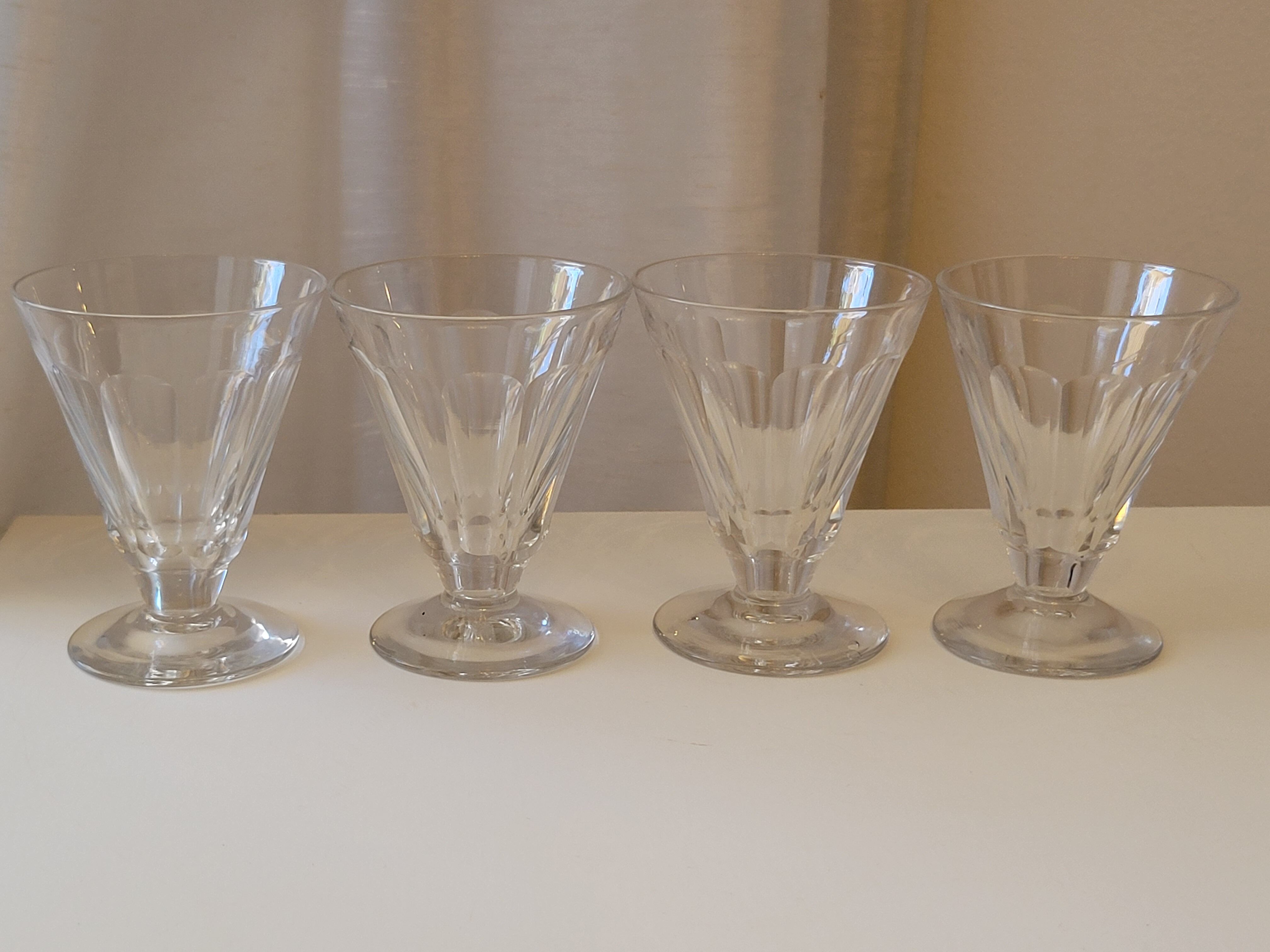 4 old conical liquor glasses cut with 10 flat ribs with faceted sides