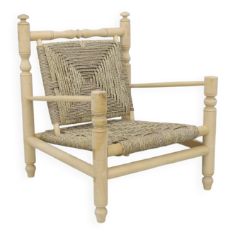 Chaise basse vintage en corde de teck naturel, années 1970