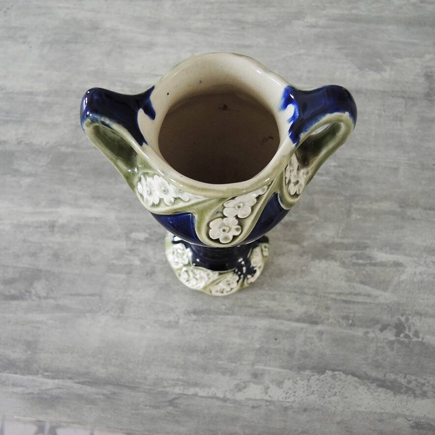 Antique Blue Barbotine Vase from De Bruyn