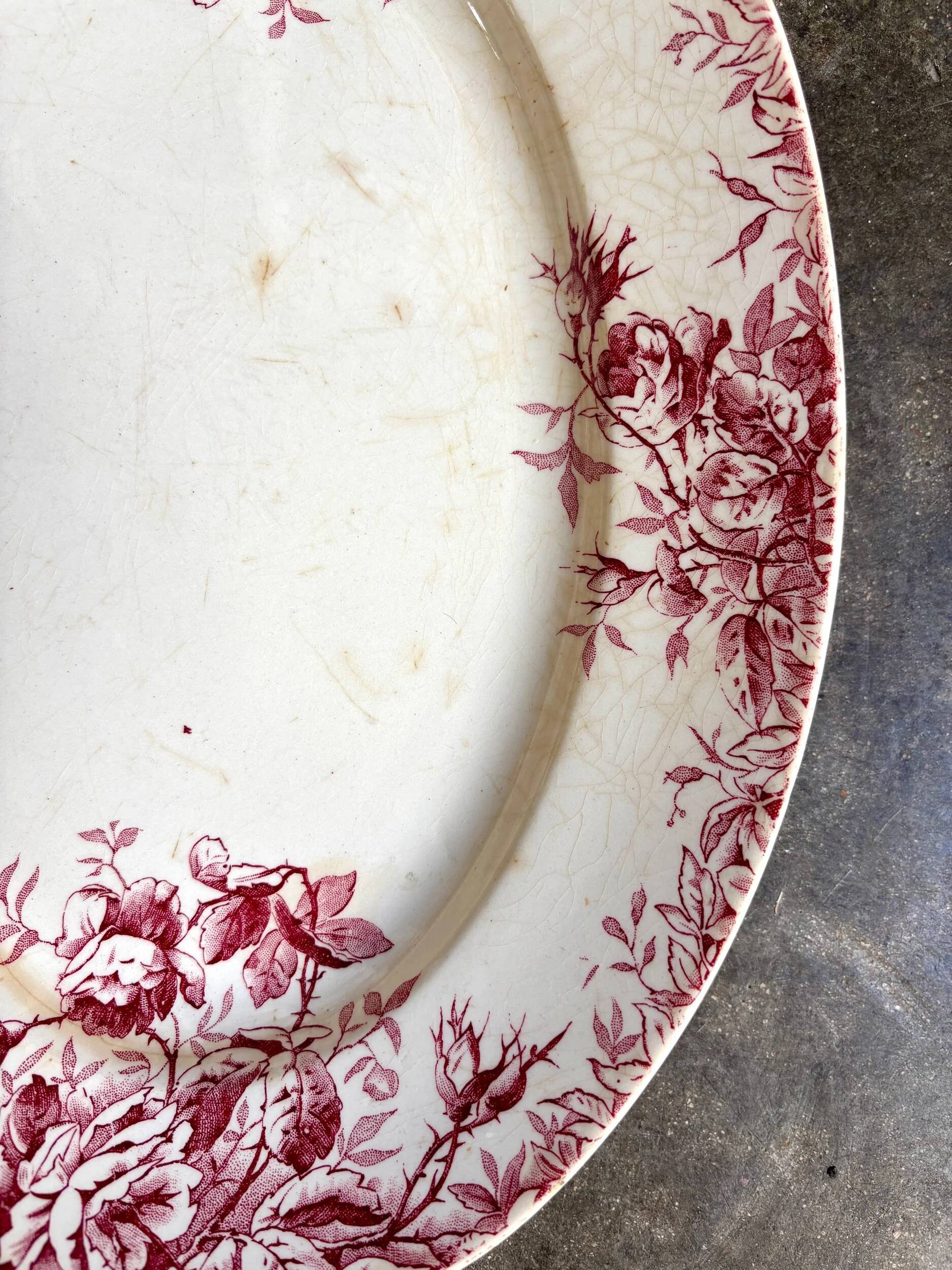 Gien oval dish in pink ironstone, "Floreal" service