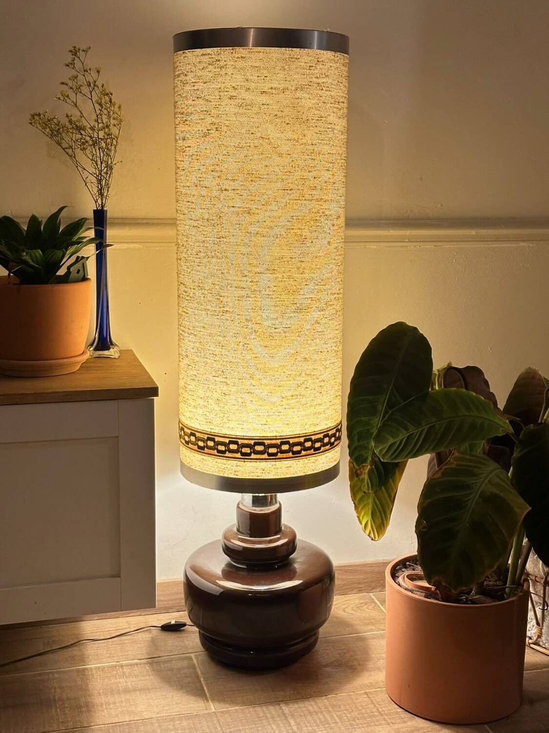 70's ceramic floor lamp with boucle fabric shade.