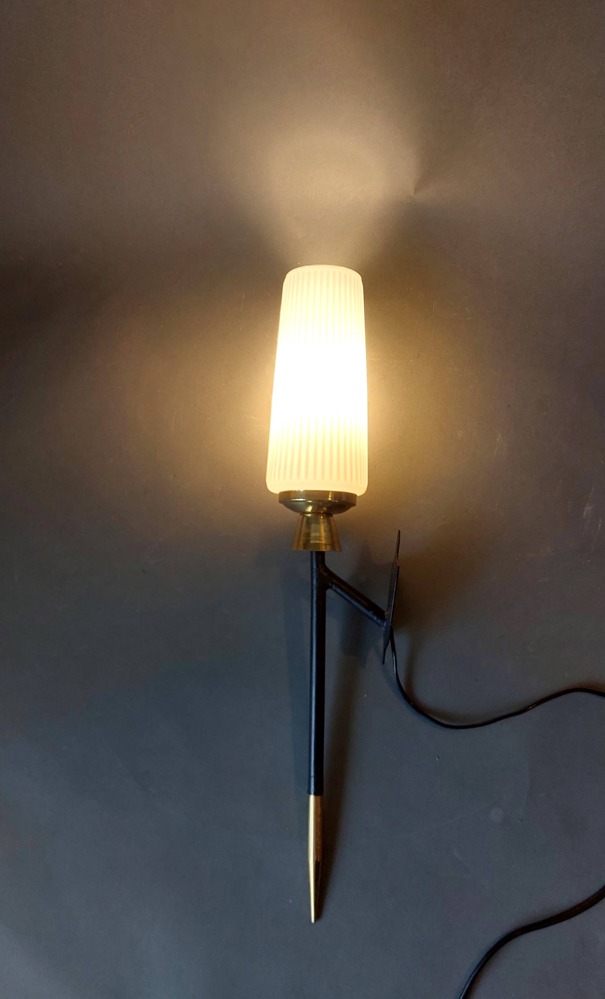 Large 1960 torchiere wall light in black metal, gilded brass and vintage white opaline.