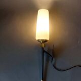 Large 1960 torchiere wall light in black metal, gilded brass and vintage white opaline.