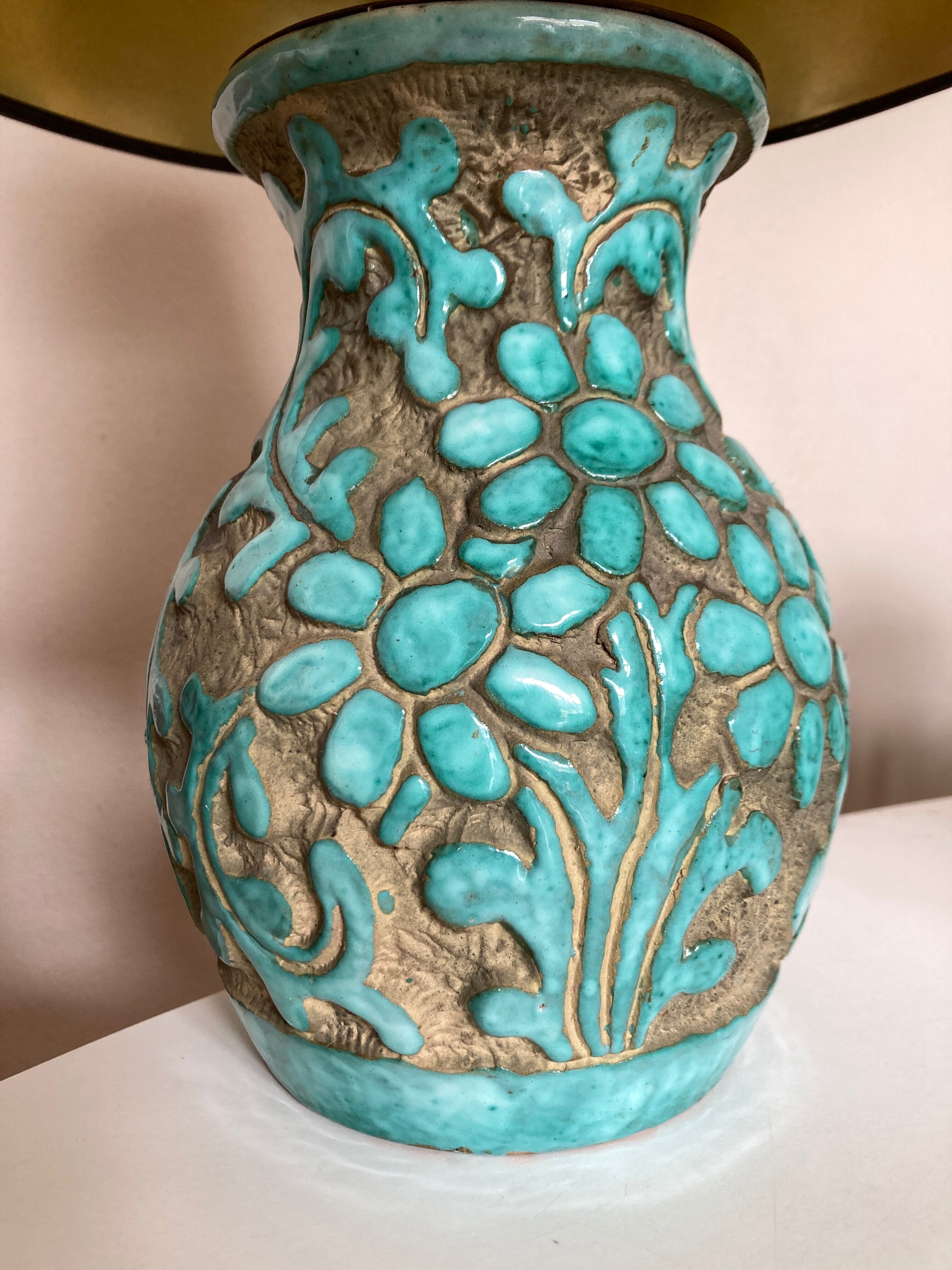 Italian glazed ceramic lamp 1960 mid century Bitossi turquoise